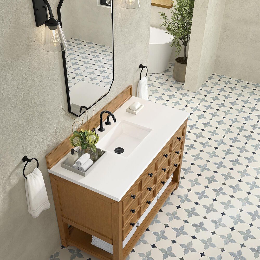James Martin Malibu 48&quot; Single Bathroom Vanity in Amber Birch with 3 cm White Zeus Quartz Top and Rectangular Sink, , large