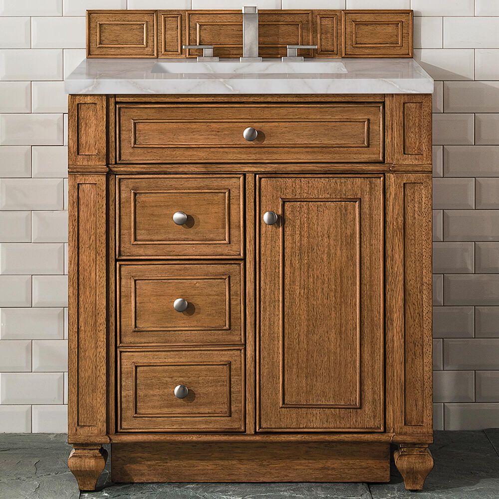 James Martin Vanities Bristol 30&quot; Single Bathroom Vanity in Saddle Brown with 3 cm Victorian Silver Quartz Top and Rectangular Sink, , large