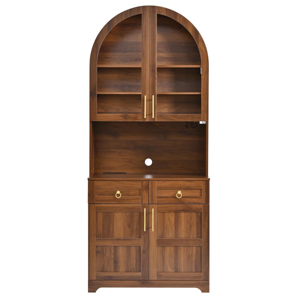 HOMLUX 75" Arched Kitchen Pantry Cabinet with LED Light in Walnut, , large