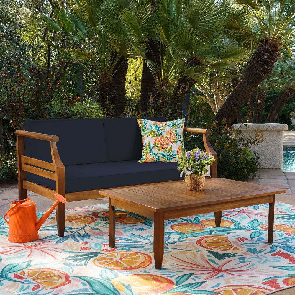 Linon Home Decor Arlen 2-Piece Outdoor Conversation Set with Navy Blue Cushion in Brown, , large