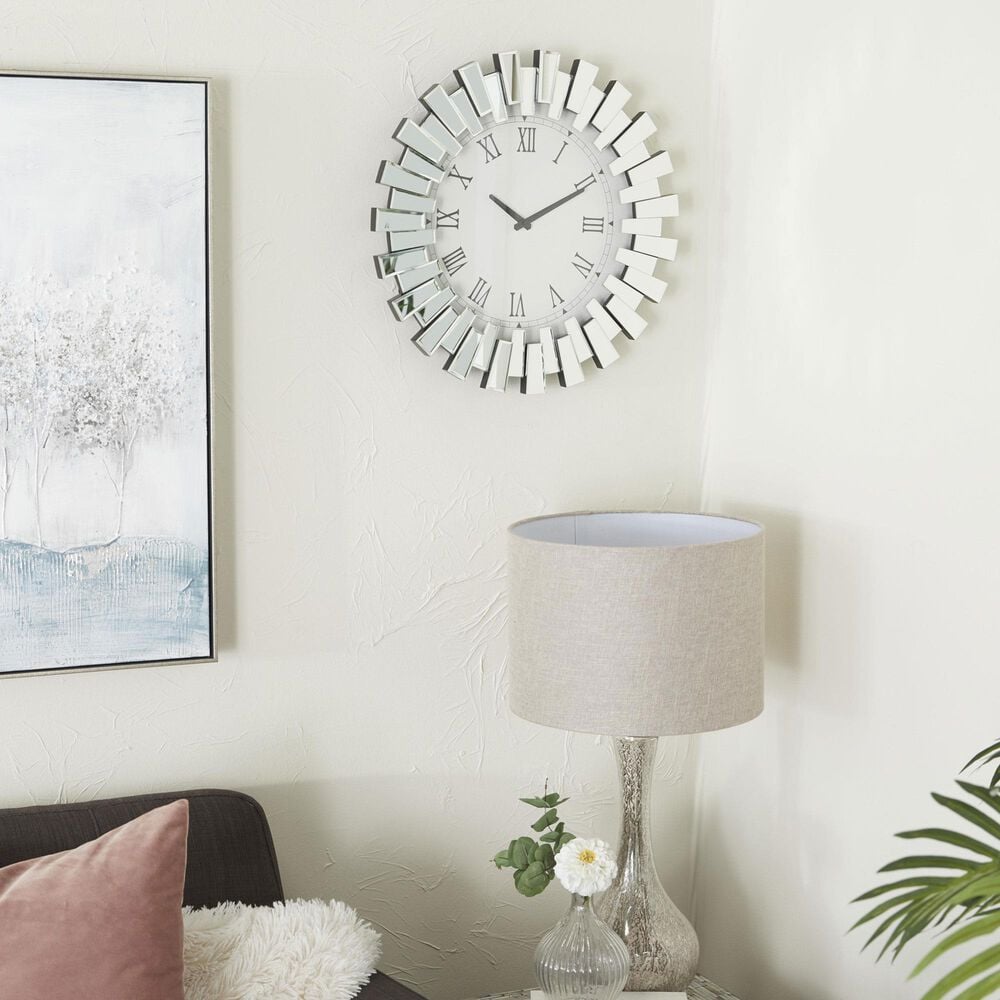 Maple and Jade Starburst Mirrored Decorative Wall Clock in Silver, , large