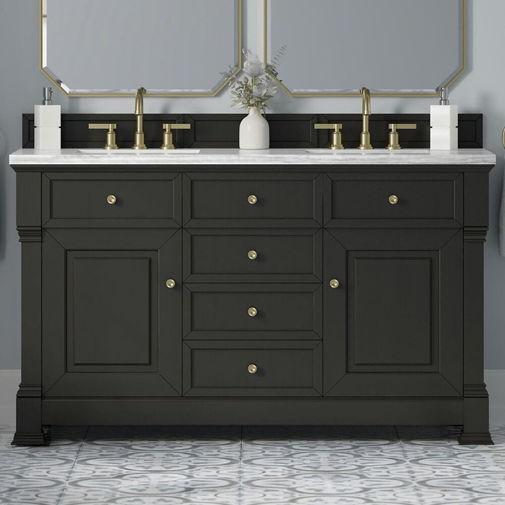 James Martin Vanities Brookfield 60&quot; Double Bathroom Vanity in Black Onyx with 3 cm Arctic Fall Solid Surface Top and Rectangular Sinks, , large