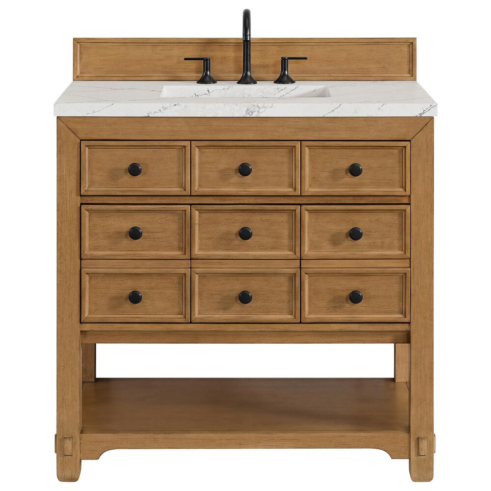 James Martin Vanities Malibu 36" Single Bathroom Vanity in Amber Birch with 3 cm Ethereal Noctis Quartz Top and Rectangular Sink, , large