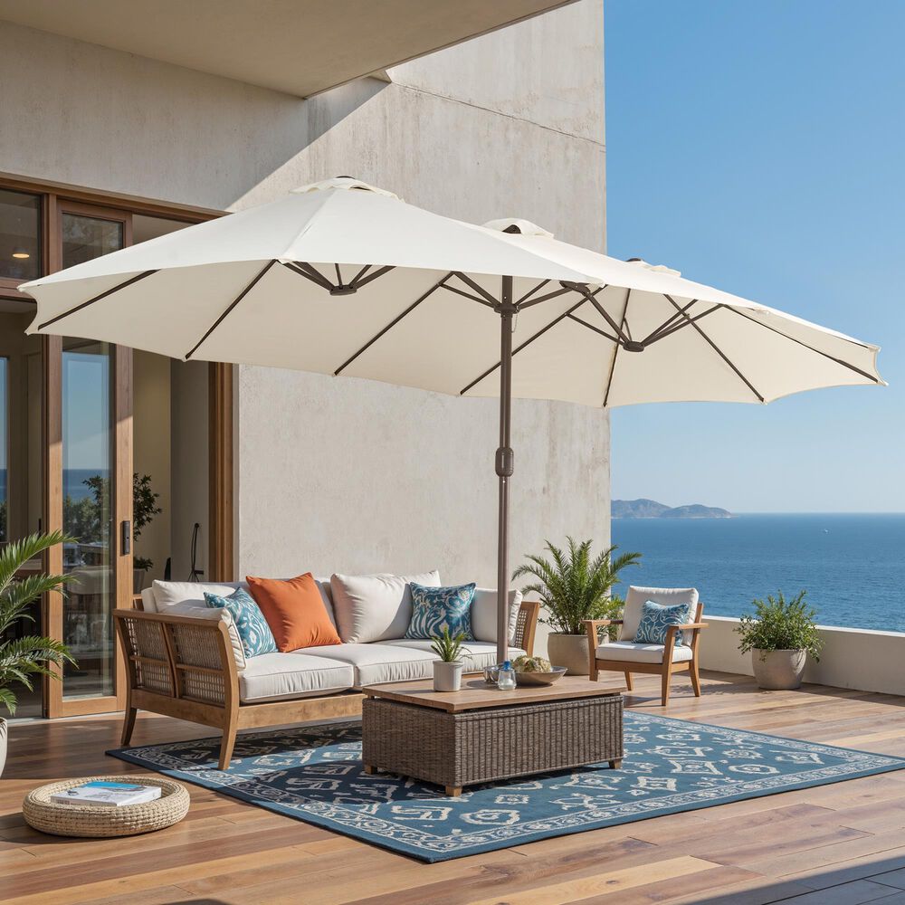 HOMLUX 15' Double-Sided Outdoor Market Umbrella with Sandbag Base in White, , large