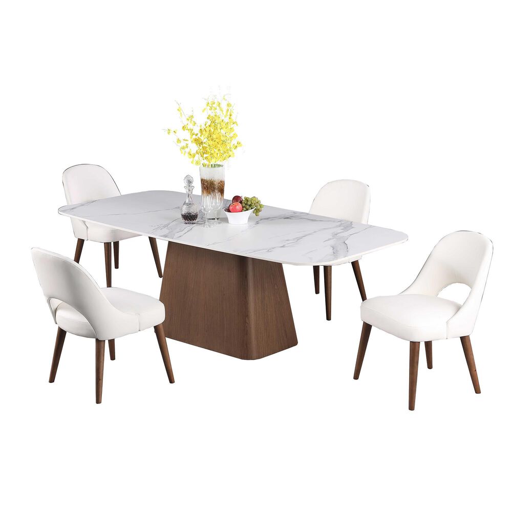 Monroe Kenza Pedestal Dining Table with White Marbleized Stone Top and Light Wood Finish, , large