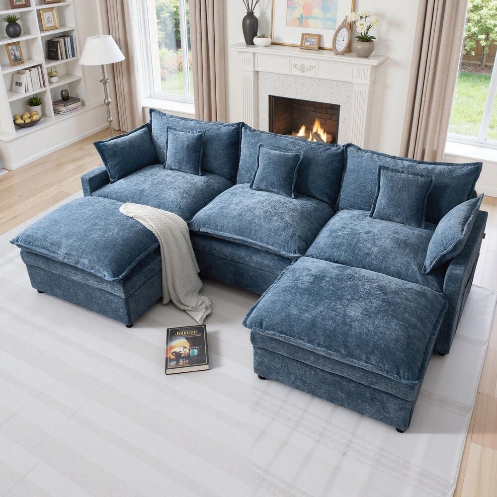 HOMLUX 107.87" Ultra-Comfort Chenille Sectional Sofa Set in Blue, , large