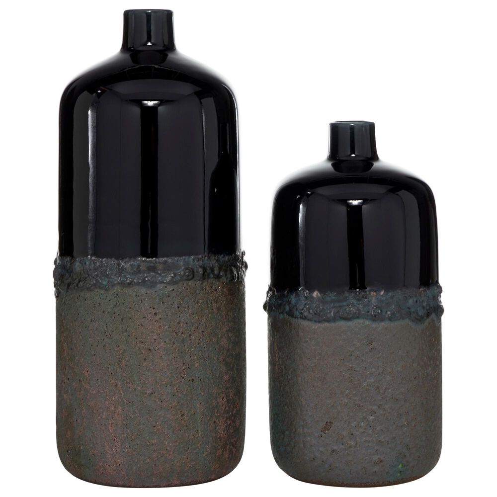 Maple and Jade Rustic Ceramic Vases in Black (Set of 2), , large