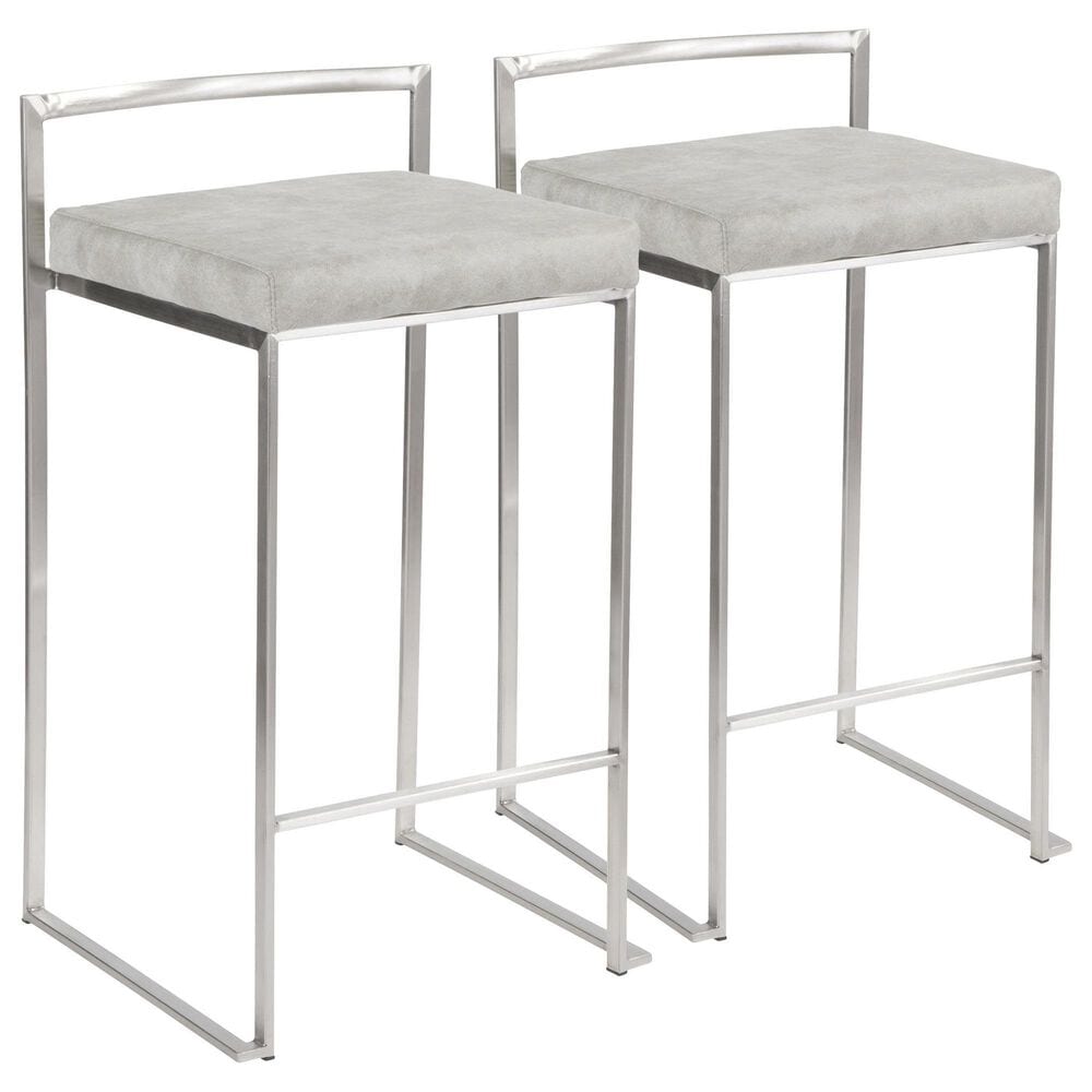 LumiSource Fuji 26" Stacker Counter Stool with Light Grey Cowboy Upholstery in Brushed Stainless Steel (Set of 2), , large