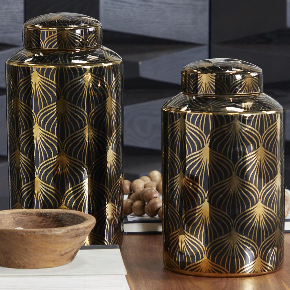 Maple and Jade 2-Piece Jar Set with Floral Accents in Glossy Black and Gold, , large