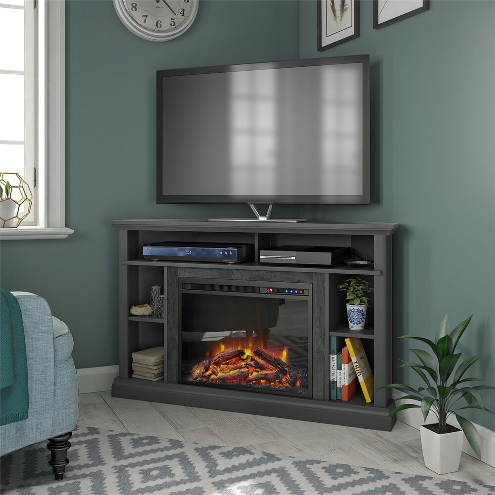 DHP Rio 50 Corner TV Stand with Fireplace in Graphite Grey | NFM