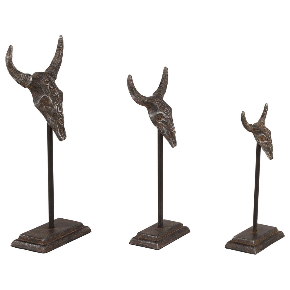 Maple and Jade Bull Skull Sculpture in Matte Gray &#40;Set of 3&#41;, , large
