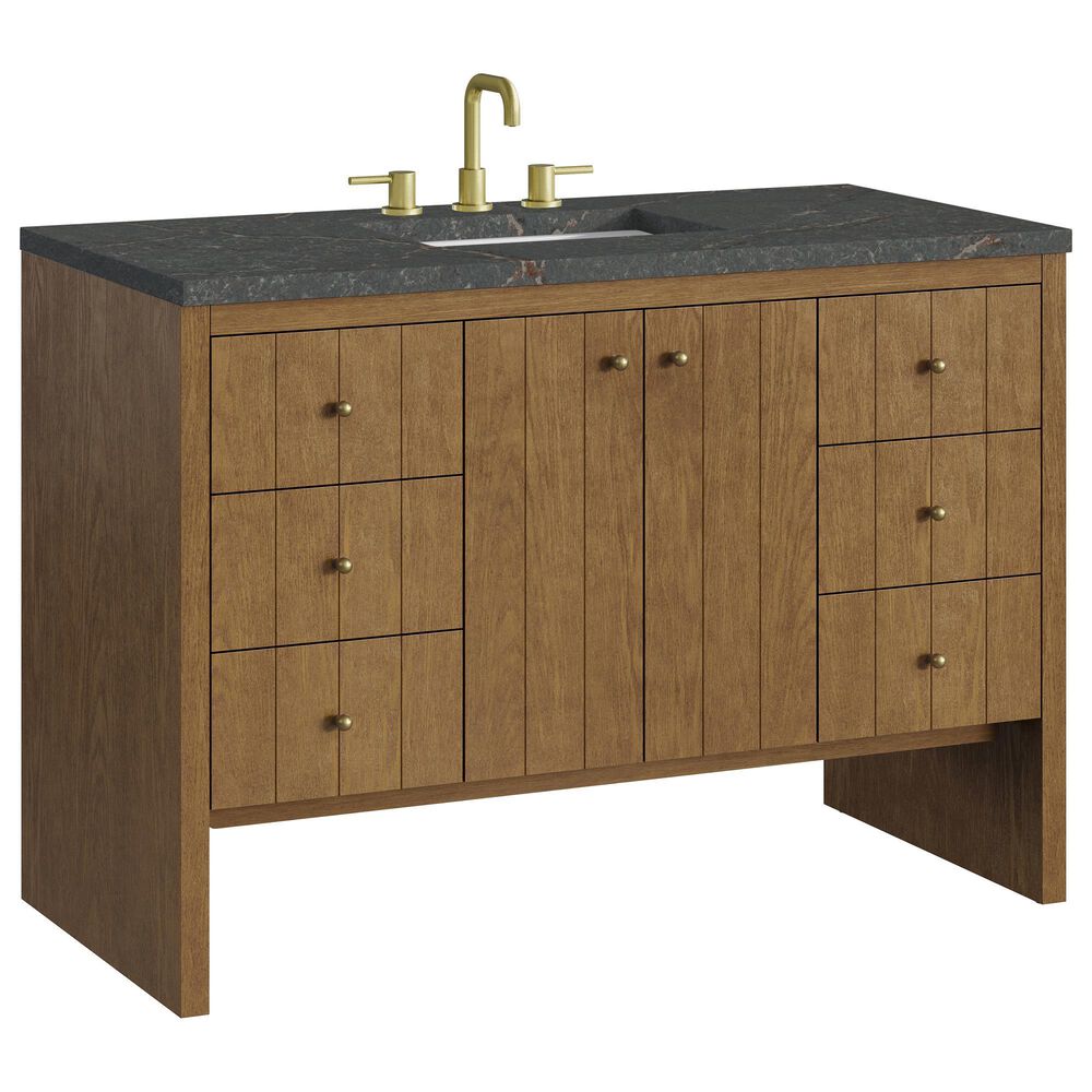 James Martin Hudson 48" Single Bathroom Vanity in Honey Oak with 3 cm Parisien Bleu Silestone Top, Rectangular Sink and FreePower Wireless Charger, , large