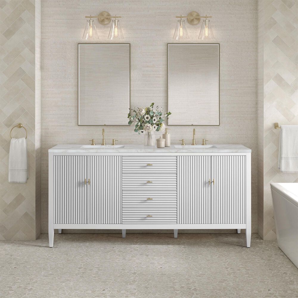 James Martin Vanities Myrrin 72" Double Bathroom Vanity in Bright White with 3 cm Eternal Jasmine Pearl Silestone Top, Rectangular Sinks and FreePower Wireless Charger, , large