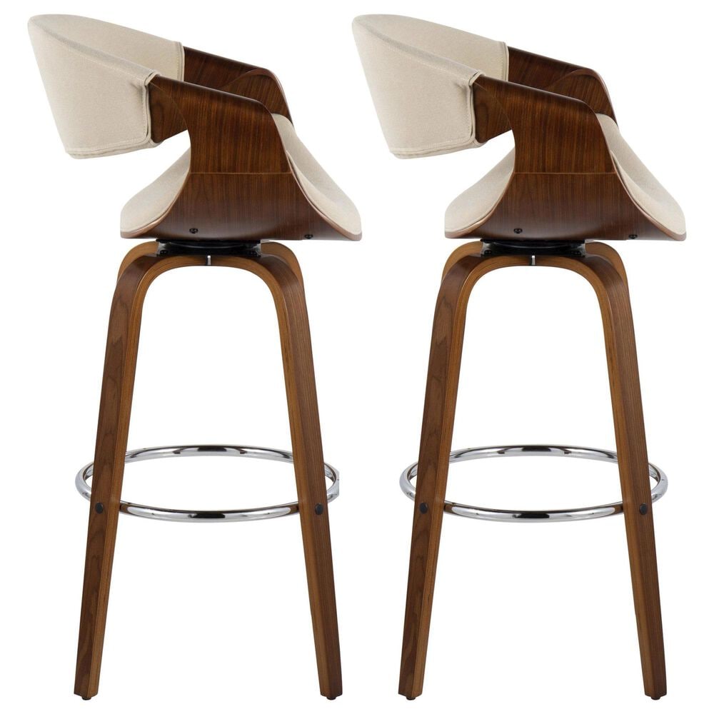 LumiSource Curvini 30" Swivel Barstool with Cream Upholstery in Walnut and Chrome (Set of 2), , large