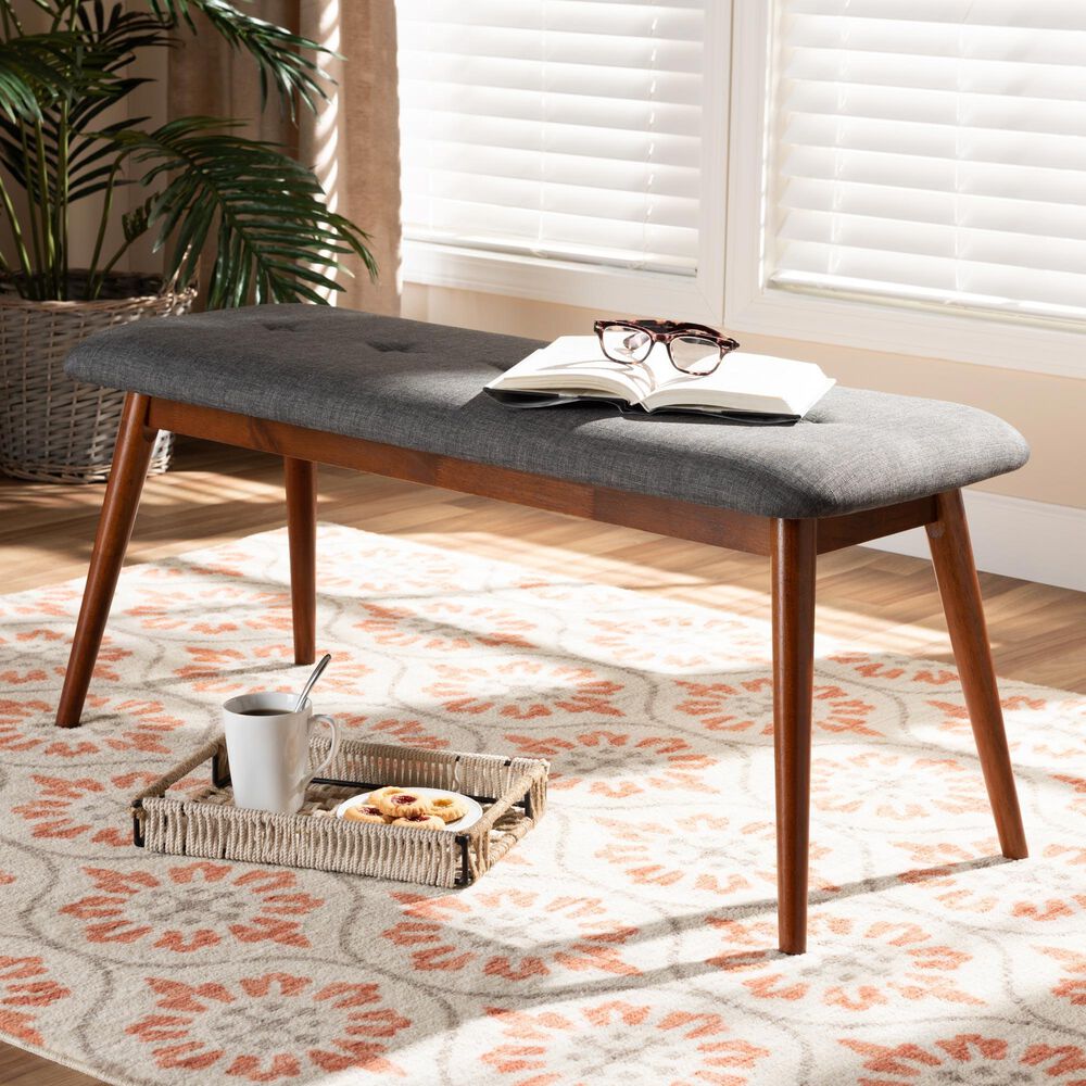 Baxton Studio Flora II Dining Bench with Dark Grey Cushion in Medium Oak, , large