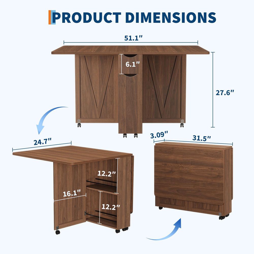 GARVEE Folding Dining Table with Storage in Brown - Table Only, , large