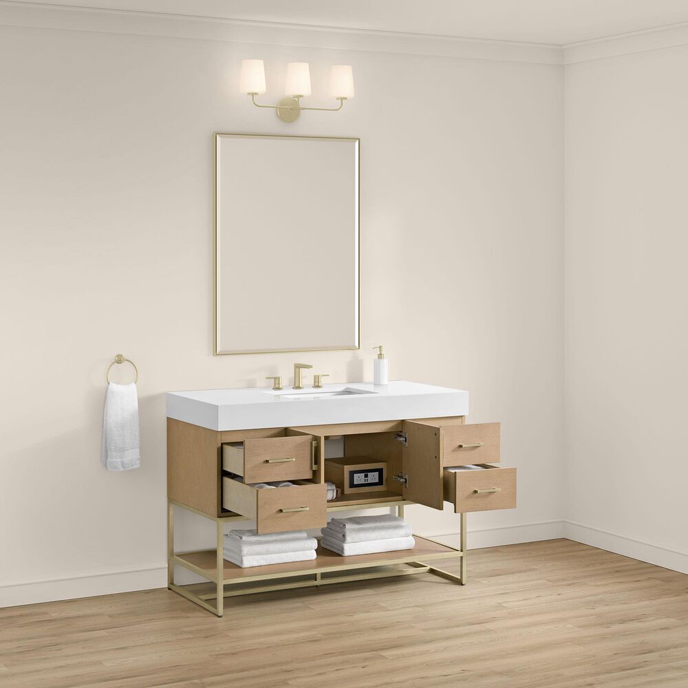 37B Mauri 48" Single Bathroom Vanity with Metal Base in Warm Oak with High-Profile 4" White Composite Stone Top, , large
