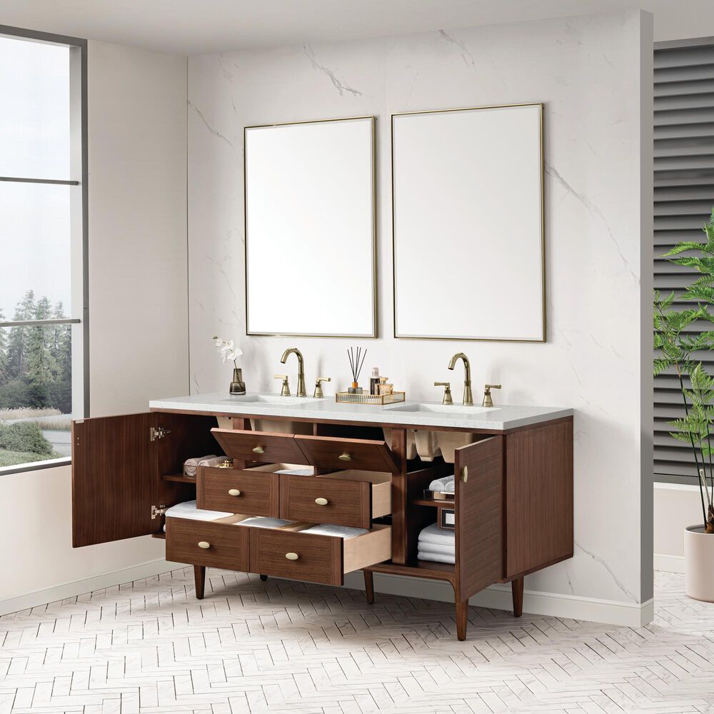 James Martin Vanities Amberly 72&quot; Double Bathroom Vanity in Mid-Century Walnut with Single Hole 3 cm White Zeus Quartz Top and Rectangular Sinks, , large