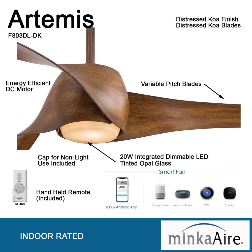 Minka-Aire Artemis 58" Smart Celling Fan with LED Light in Distressed Koa, , large