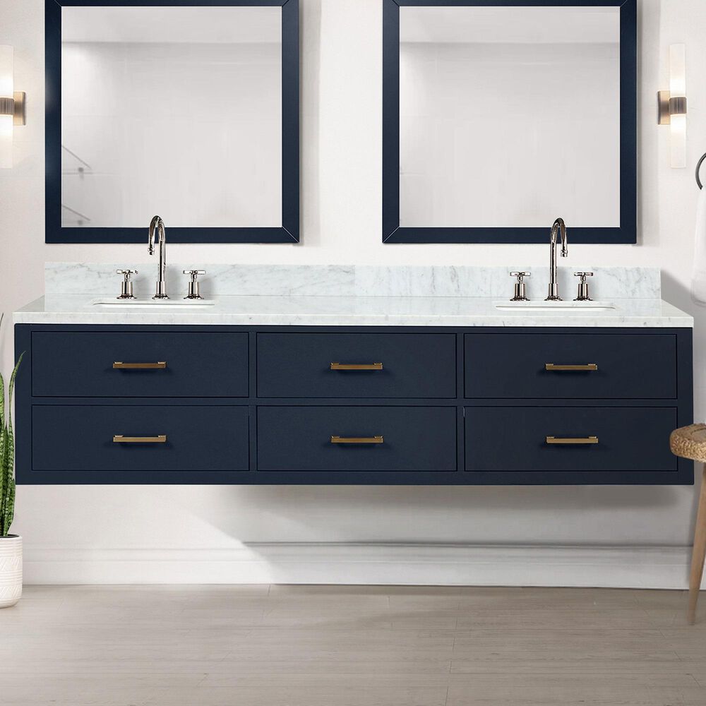 Lexora Home Castor 80&quot; Double Bathroom Vanity in Black with 2 cm White Carrara Marble Top and Rectangular Sinks, , large