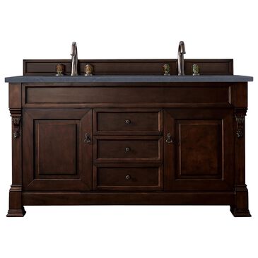 James Martin Vanities Brookfield 60" Double Bathroom Vanity in Burnished Mahogany with 3 cm Charcoal Soapstone Quartz Top and Rectangle Sink, , large