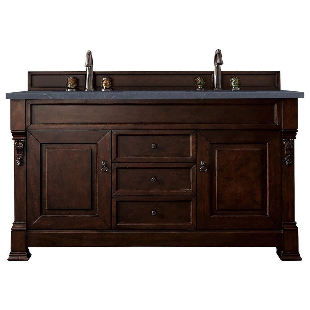 James Martin Vanities Brookfield 60" Double Bathroom Vanity in Burnished Mahogany with 3 cm Charcoal Soapstone Quartz Top and Rectangle Sink, , large