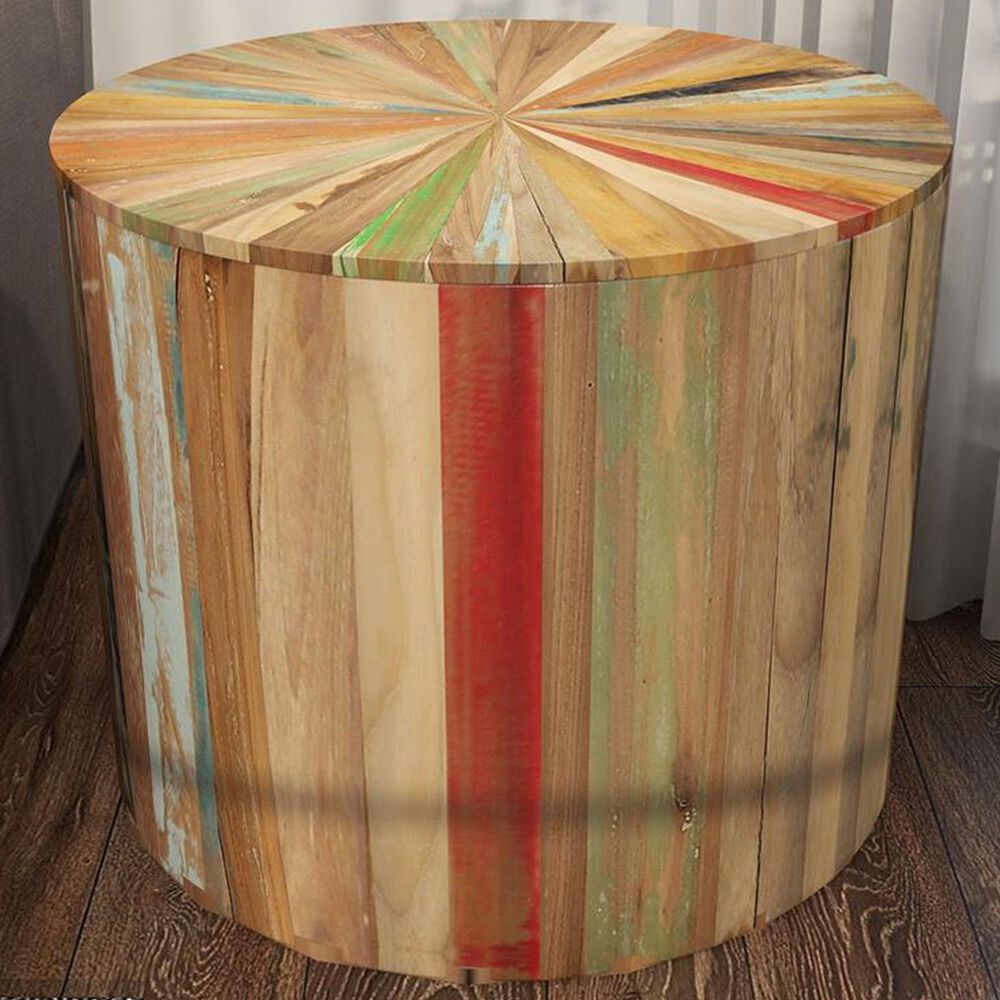 Maple and Jade Handmade Pinwheel Drum Accent End Table in Light Brown, , large