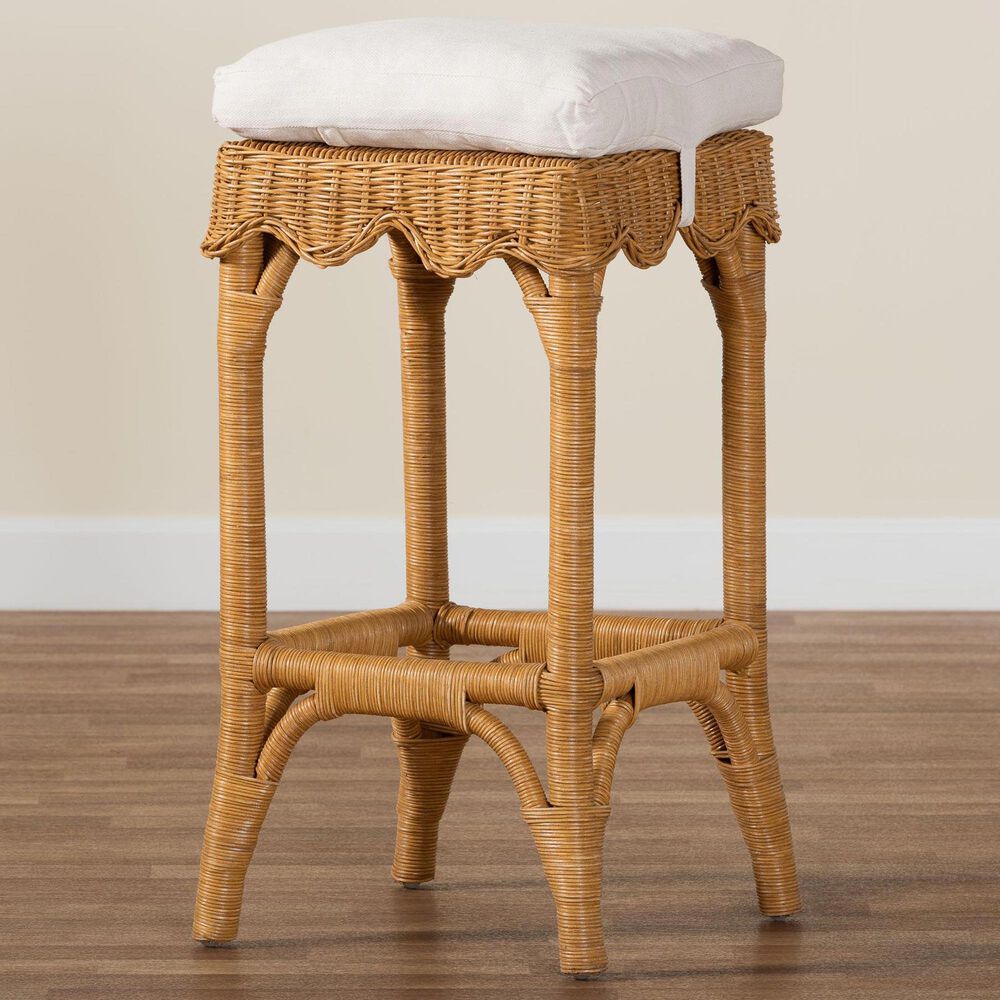 Baxton Studio Muy Scallop Rattan Bar Stool in Honey, , large