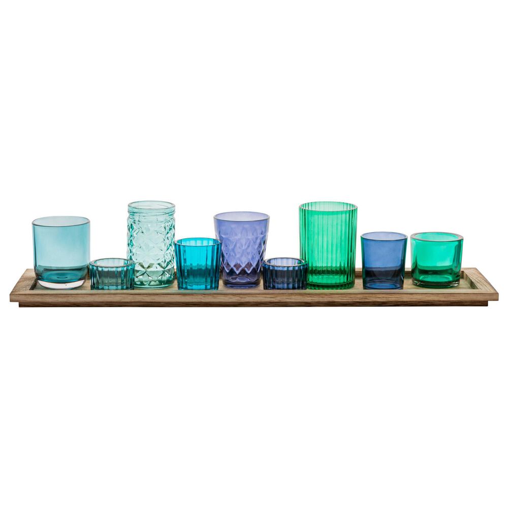 Creative Coop 10-Piece Wood Tray with Glass Votive Holder Set in Blue and Green, , large