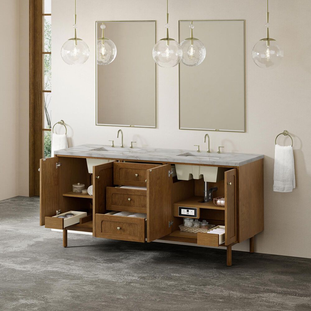 James Martin Laurent 72" Double Bathroom Vanity in Honey Oak with 3 cm Victorian Silver Silestone Top, Rectangular Sinks and FreePower Wireless Charger, , large