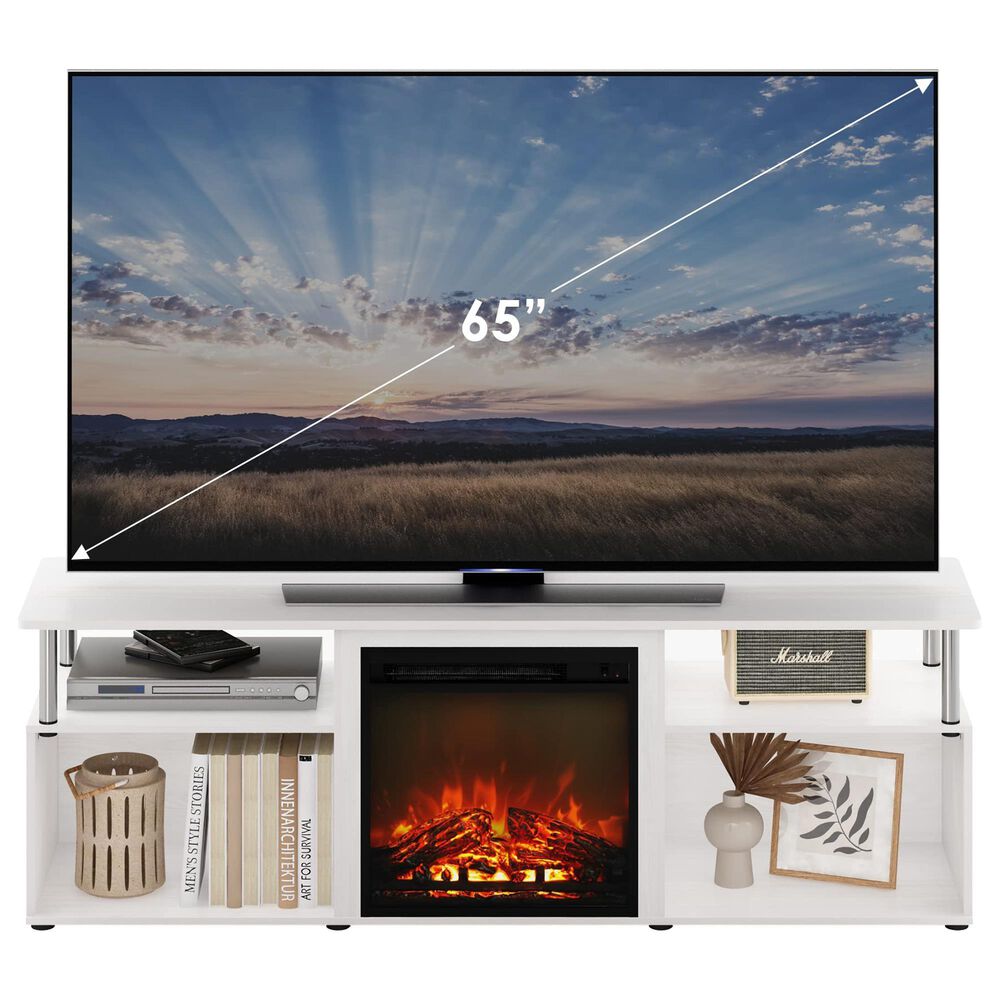 HOMLUX 63" TV Stand with Electric Fireplace in White Oak and Stainless Steel, , large