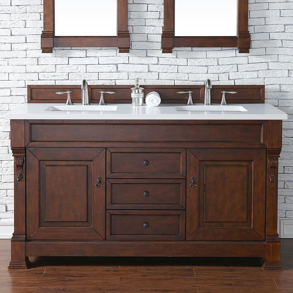 James Martin Vanities Brookfield 60" Double Bathroom Vanity in Warm Cherry with 3 cm White Zeus Quartz Top and Rectangular Sinks, , large