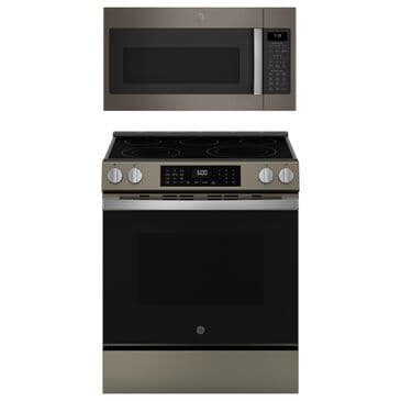 GE Appliances 2-Piece Kitchen Package with 5.3 Cu. Ft. Slide-In Front Control Electric Range and 1.9 Cu. Ft. Over-The-Range Microwave in Fingerprint Resistant Slate and Black, , large