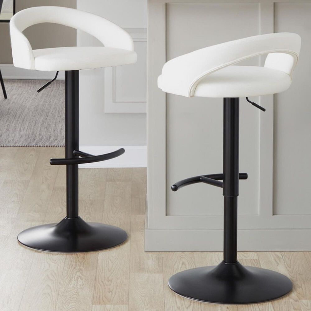 LumiSource Grotto Adjustable Bar Stool with White Faux Leather Upholstery in Black (Set of 2), , large
