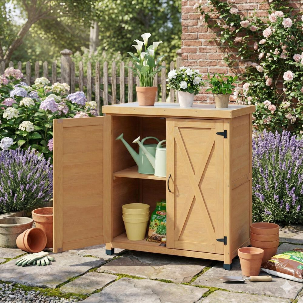 Hearth and Haven Outdoor Wooden Storage Cabinet with Metal Top and Adjustable Protective Footpad in Light Brown, , large