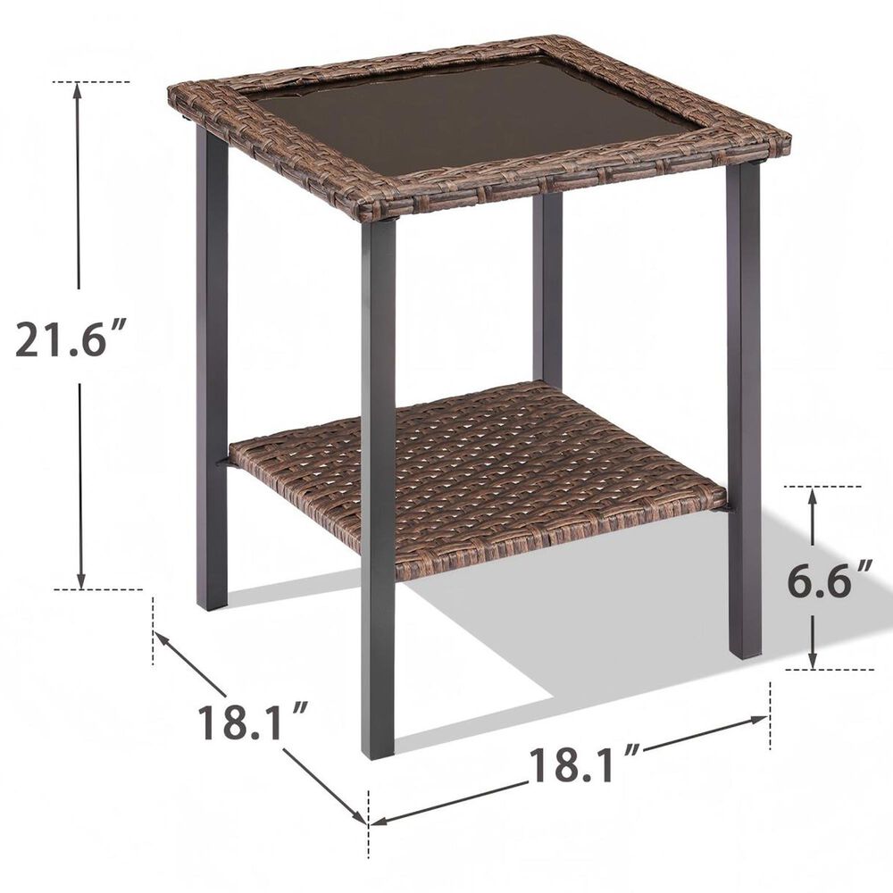 Sunwell Garden 18" Patio Square Side Table with Glass Top in Brown, , large