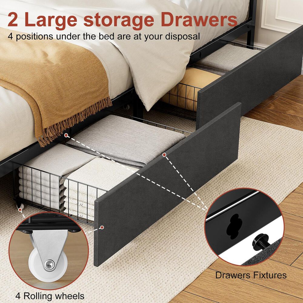 HOMLUX 2-Drawer Queen Storage Bed with LED Headboard and USB Ports in Gray, , large