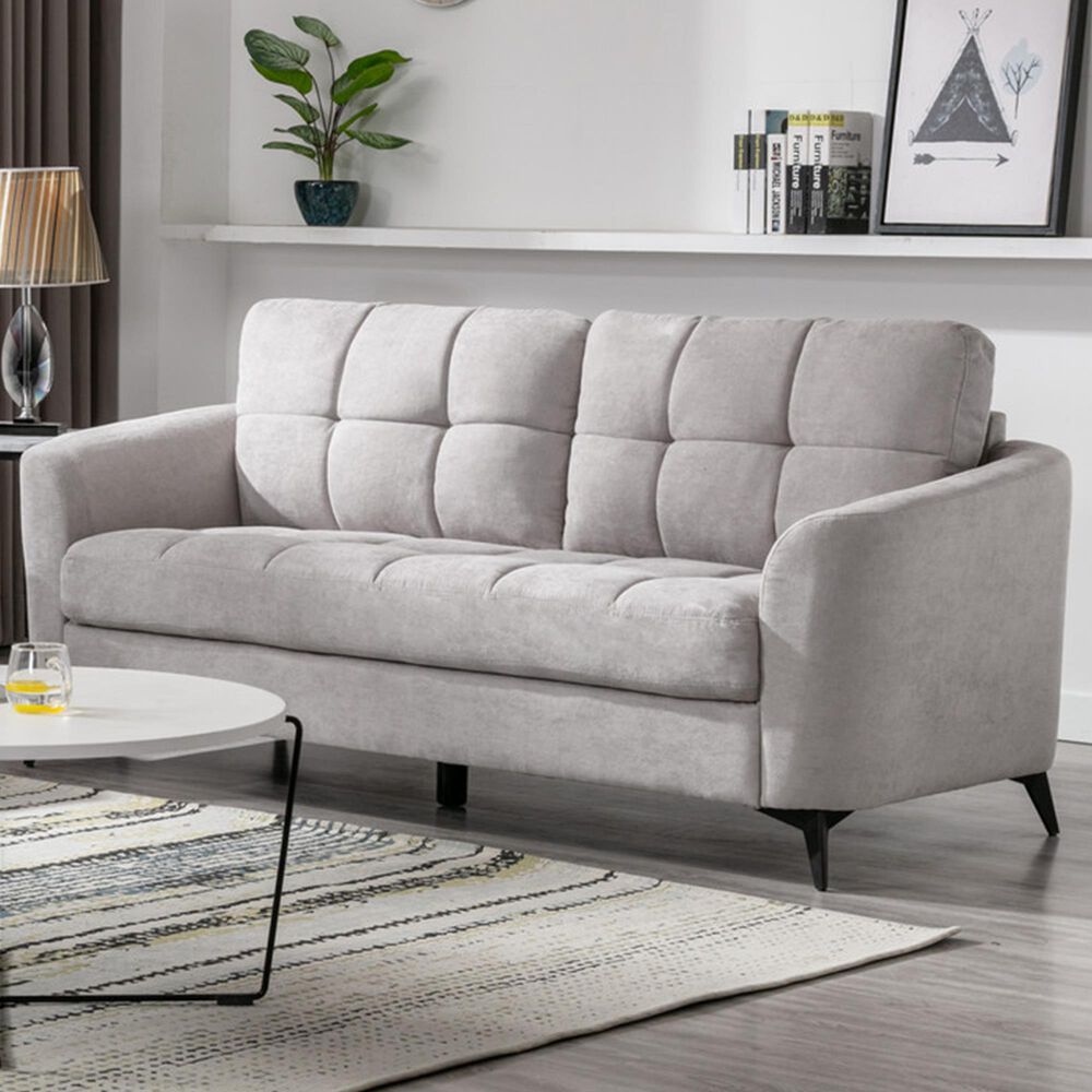 HOMLUX 79"W Woven Fabric Sofa with Tufted Cushions and Black Metal Legs in Light Gray, , large