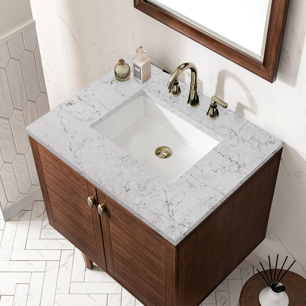 James Martin Vanities Amberly 30&quot; Single Bathroom Vanity in Walnut with 3 cm Eternal Jasmine Pearl Quartz Top and Rectangular Sink, , large