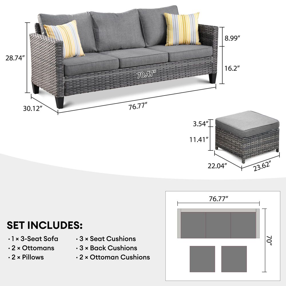 HOMLUX 3-Piece 77" Patio Sofa and Ottoman Set in Dark Grey, , large