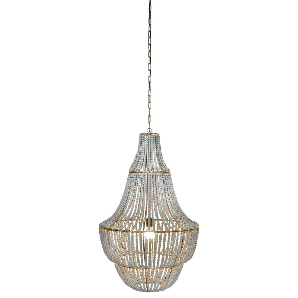 Creative Coop Laurel Draped Wood Bead Chandelier with Brushed Gold and Faded Blue Shade, , large