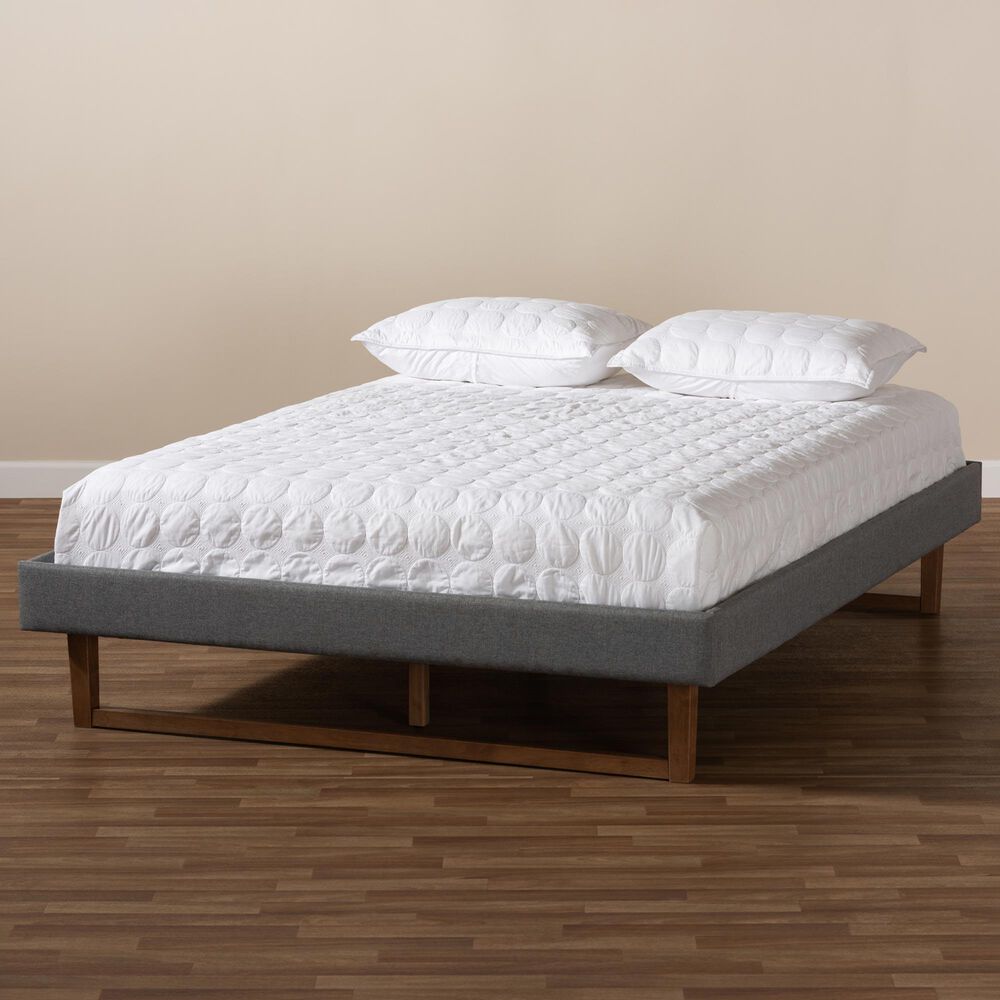 Baxton Studio Liliya Queen Platform Bed Frame with Dark Grey Upholstered in Walnut Brown, , large
