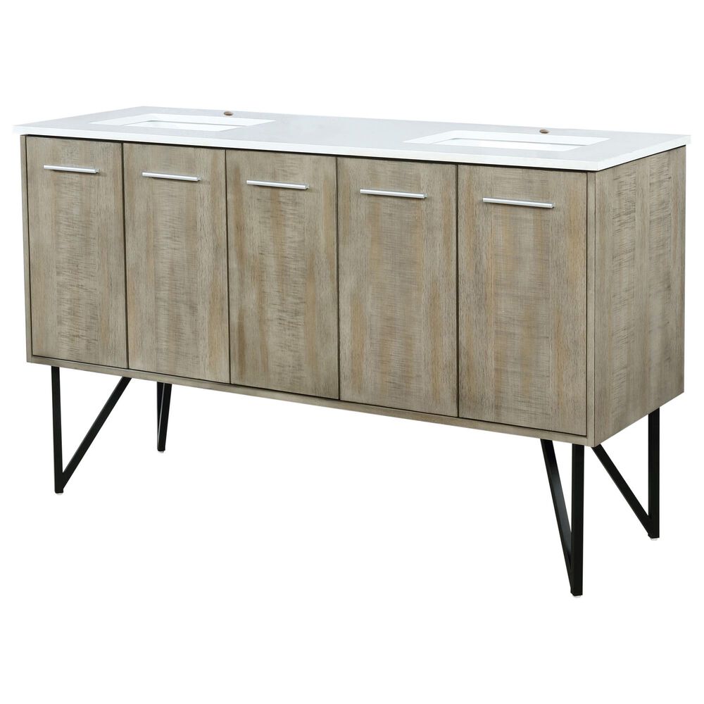 Lexora Home Lancy 60" Double Bathroom Vanity in Rustic Acacia with 2 cm White Quartz Top and Rectangular Sinks, , large