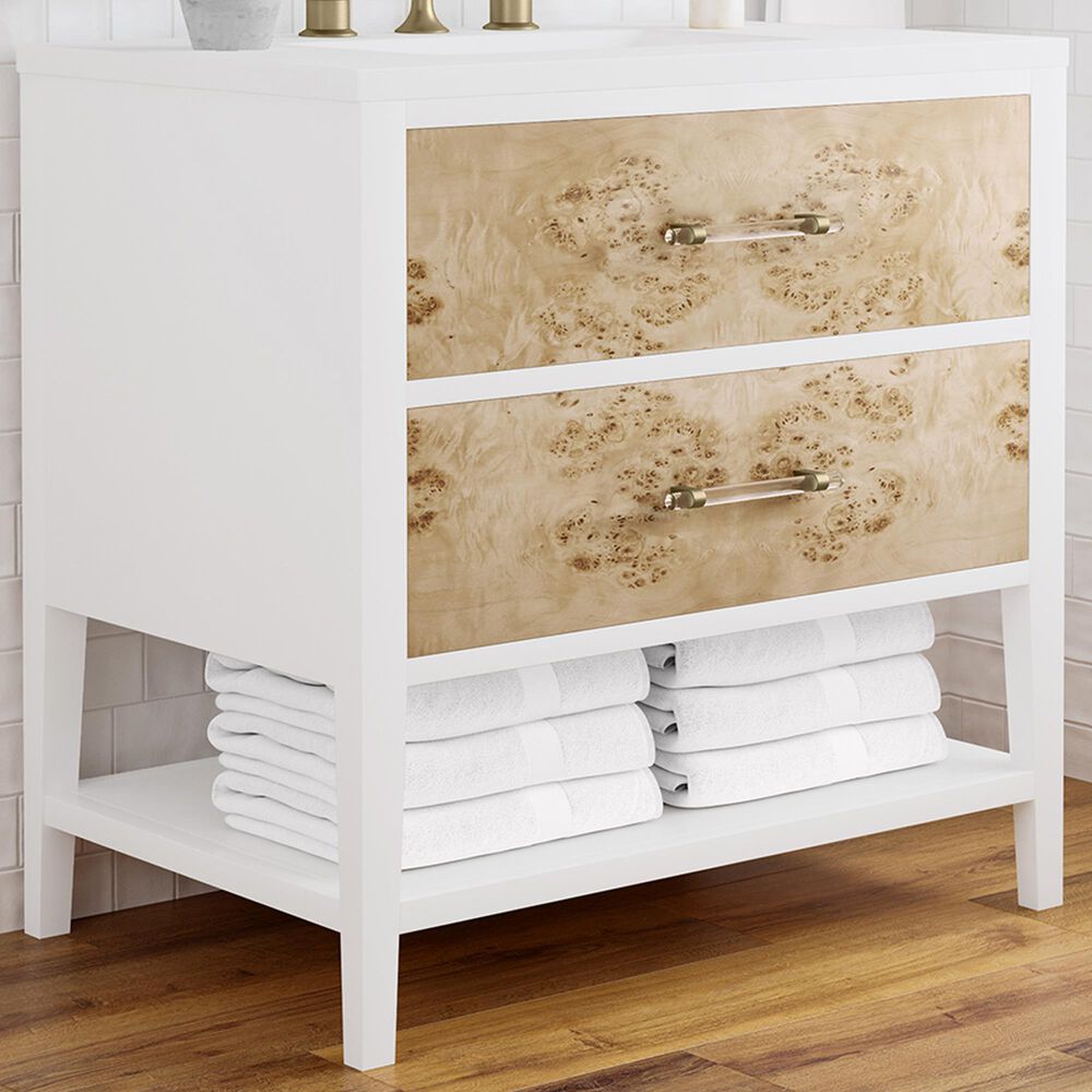 James Martin Vanities Olena 36&quot; Single Vanity in Light Mappa Burl and Polished White with 3 cm White Zeus Quartz Top, , large