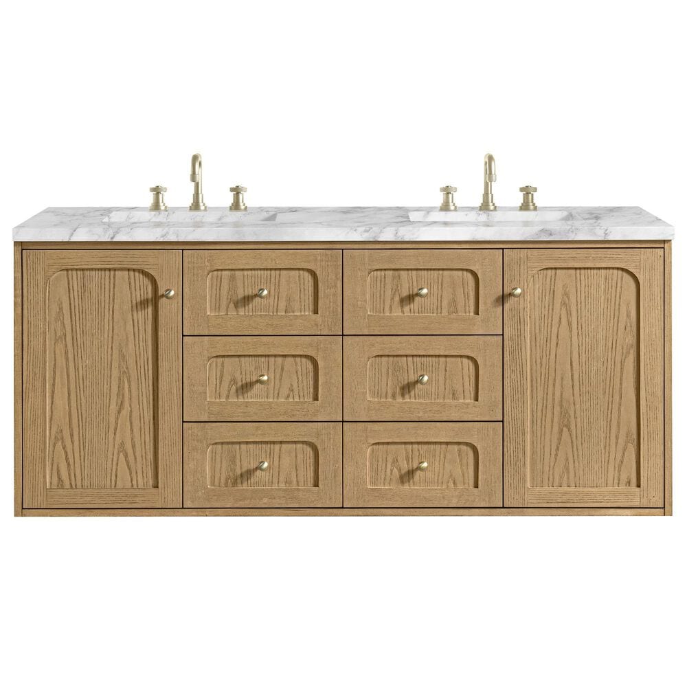 James Martin Vanities Laurent 60&quot; Double Bathroom Vanity in Light Natural Oak with 3 cm Carrara White Marble Top and Rectangular Sinks, , large