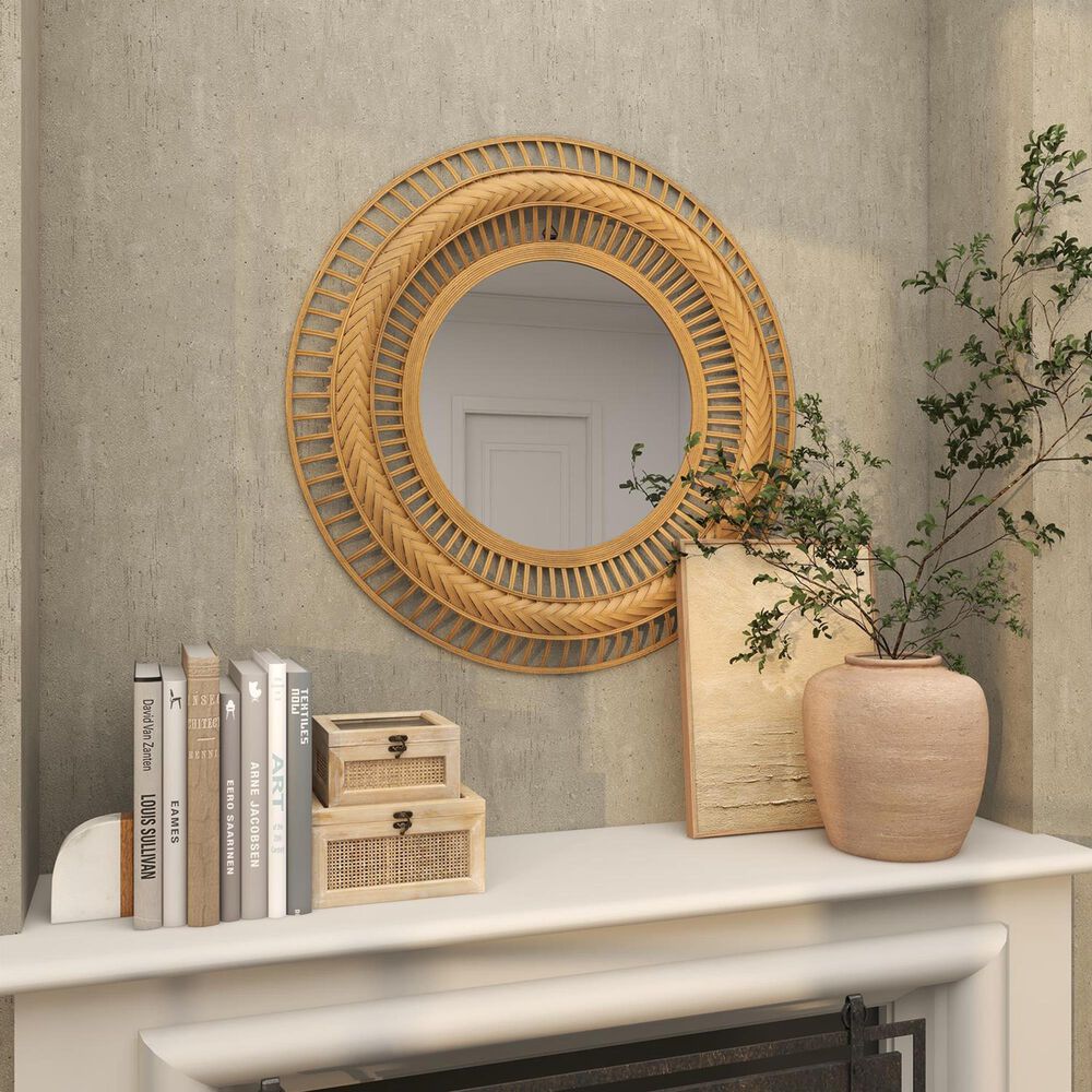 Maple and Jade 36&quot; Round Rattan Tribal Handmade Intricately Weaved Wall Mirror in Light Brown, , large