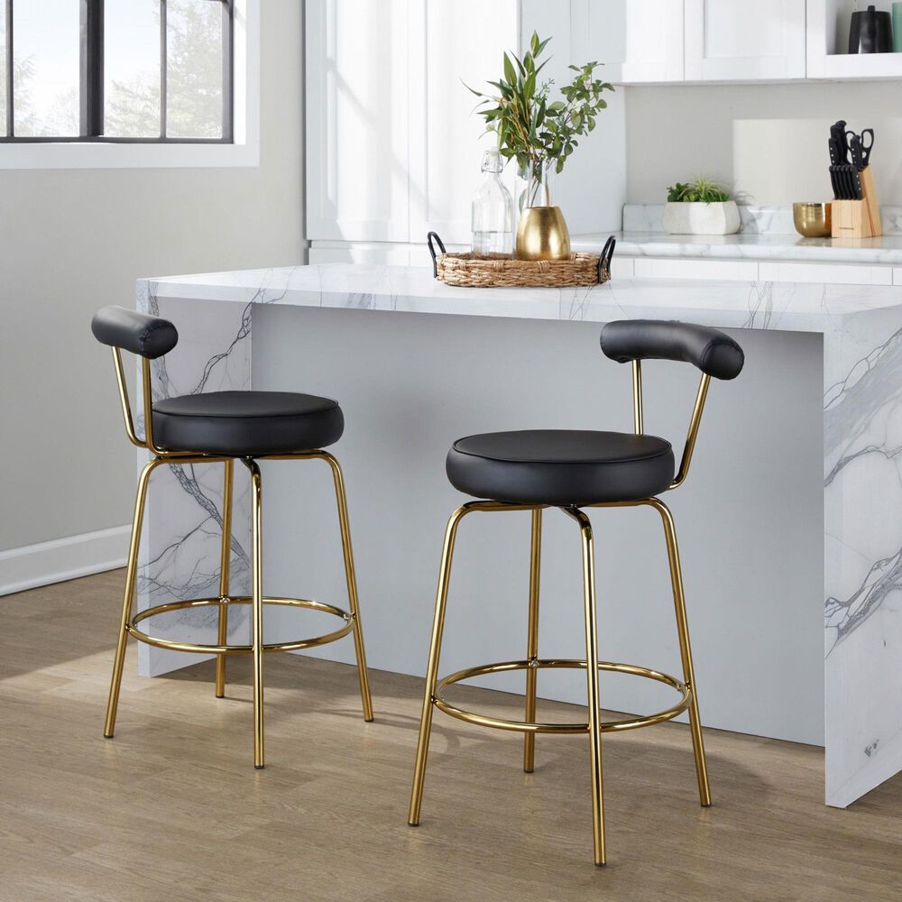 Lumisource Rhonda Swivel Counter Stool with Black Cushion in Gold &#40;Set of 2&#41;, , large