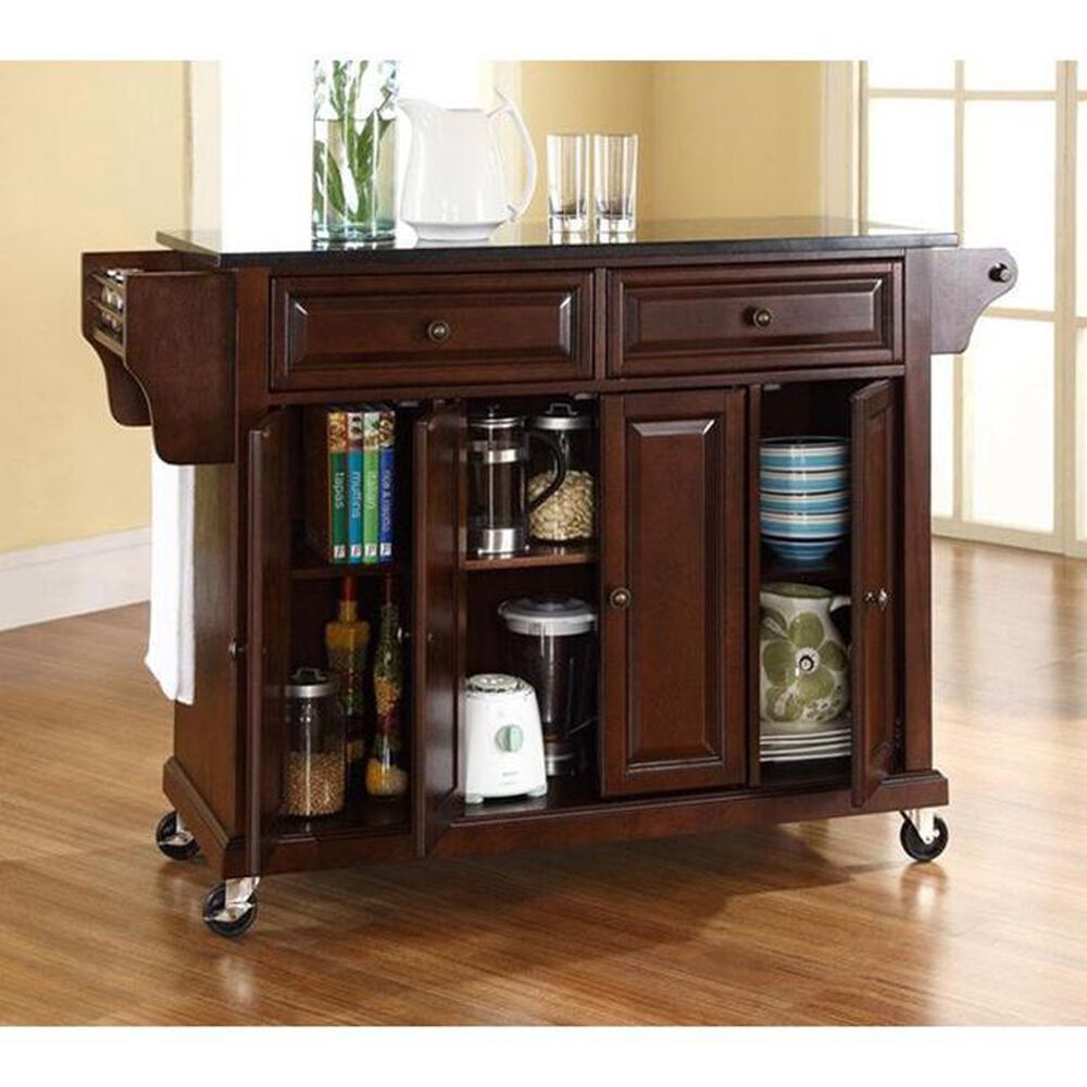 Crosley Furniture Vintage Mahogany Solid Black Granite Top Kitchen Cart, , large