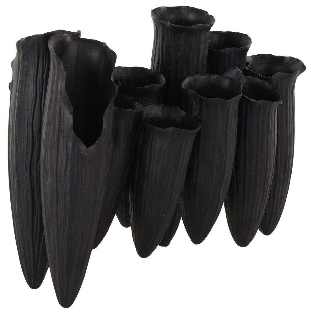 Maple and Jade Floral Inspired Abstract Decorative Vase with Linear Grooves and 10 Openings in Sleek Black, , large