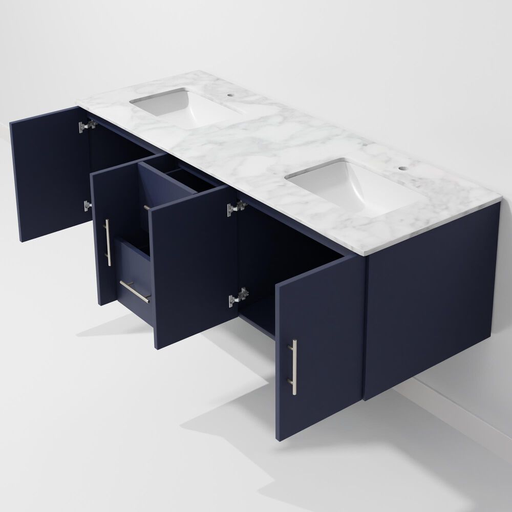Lexora Home Geneva 60" Double Bathroom Vanity in Navy Blue with 2 cm White Carrara Marble Top and Rectangular Sinks, , large